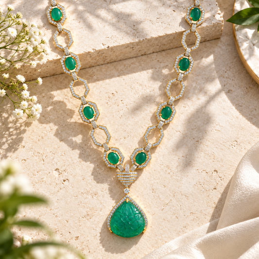 Green Carved Gemstone Doublet & Crystal Statement Necklace – Gold Tone Pendant Necklace for Women