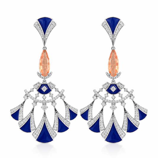 Black & Blue Enamel With Citrine Hydro Chandelier Earrings – Silver Tone Statement Drop Earrings