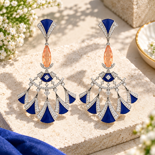 Black & Blue Enamel With Citrine Hydro Chandelier Earrings – Silver Tone Statement Drop Earrings
