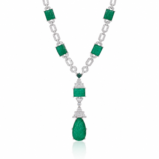 Carved Emerald Doublet & CZ Drop Necklace – Silver Tone Statement Pendant Necklace for Women