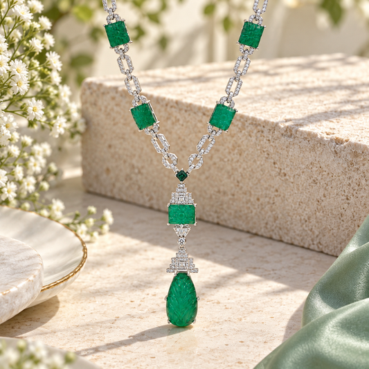 Carved Emerald Doublet & CZ Drop Necklace – Silver Tone Statement Pendant Necklace for Women