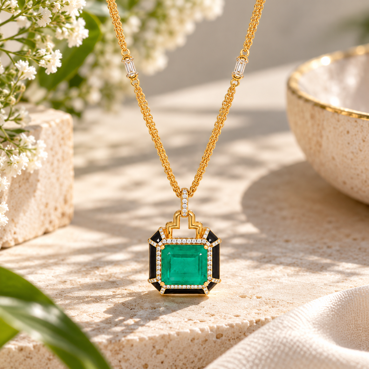 Emerald Green & Black Statement Pendant Necklace Set – Gold Tone Crystal Necklace for Women