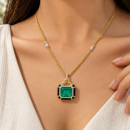 Emerald Green & Black Statement Pendant Necklace Set – Gold Tone Crystal Necklace for Women