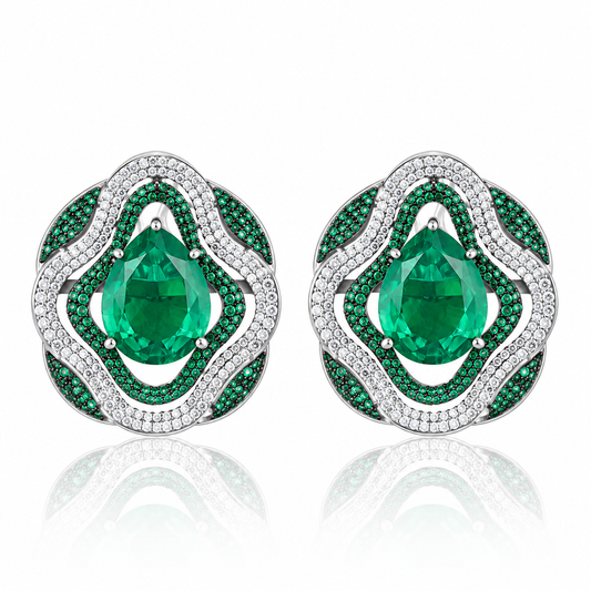 Emerald Doublet Pear-Cut 925 Silver Statement Earrings with Pavé Crystal Halo