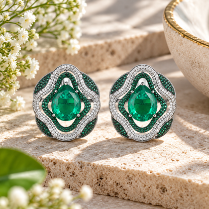 Emerald Doublet Pear-Cut 925 Silver Statement Earrings with Pavé Crystal Halo