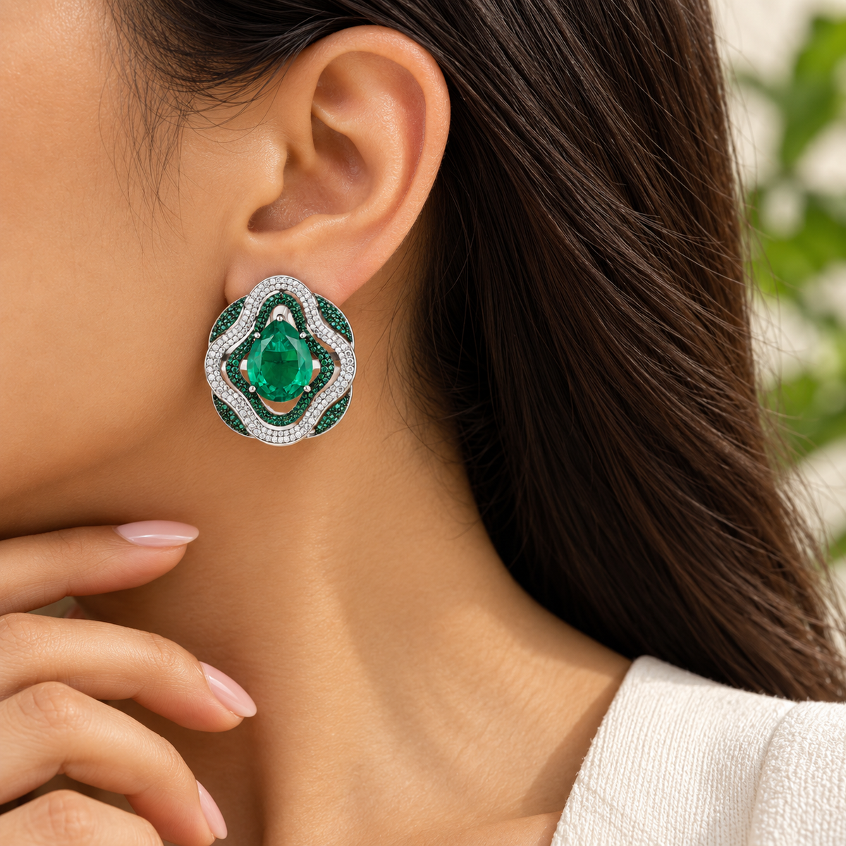 Emerald Doublet Pear-Cut 925 Silver Statement Earrings with Pavé Crystal Halo