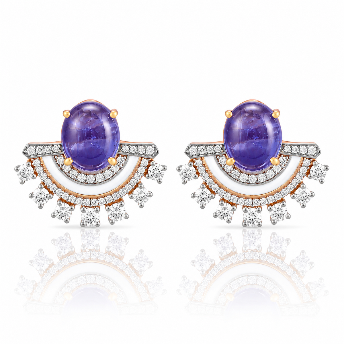 Amethyst Doublet Gemstone & White Enamel CZ Fan 925 Silver Earrings for Women