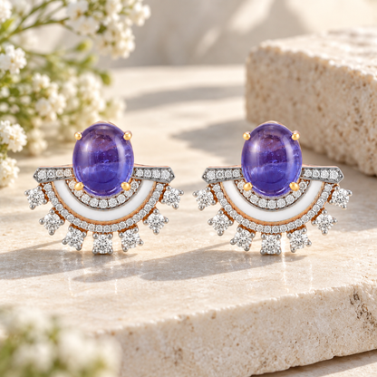 Amethyst Doublet Gemstone & White Enamel CZ Fan 925 Silver Earrings for Women