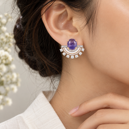Amethyst Doublet Gemstone & White Enamel CZ Fan 925 Silver Earrings for Women