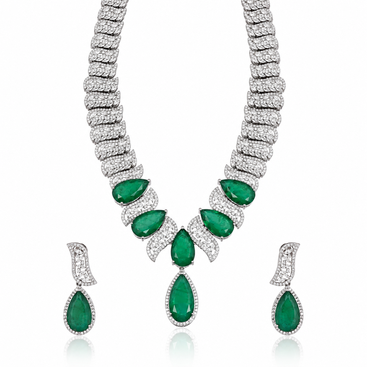 925 Silver Emerald Green Pear-Cut Statement Necklace & Earrings Set