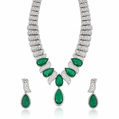925 Silver Emerald Green Pear-Cut Statement Necklace & Earrings Set
