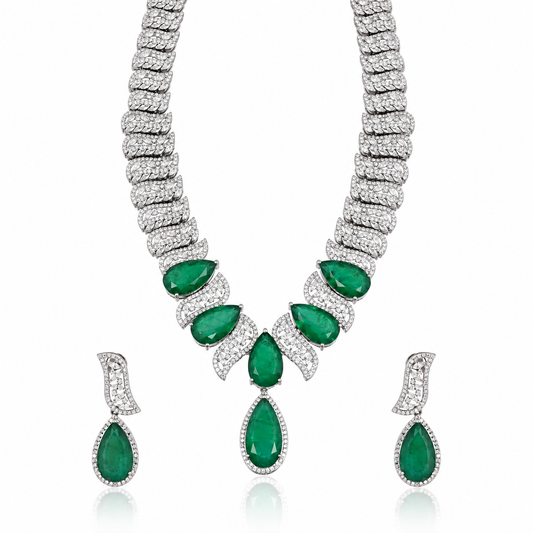 925 Silver Emerald Green Pear-Cut Statement Necklace & Earrings Set