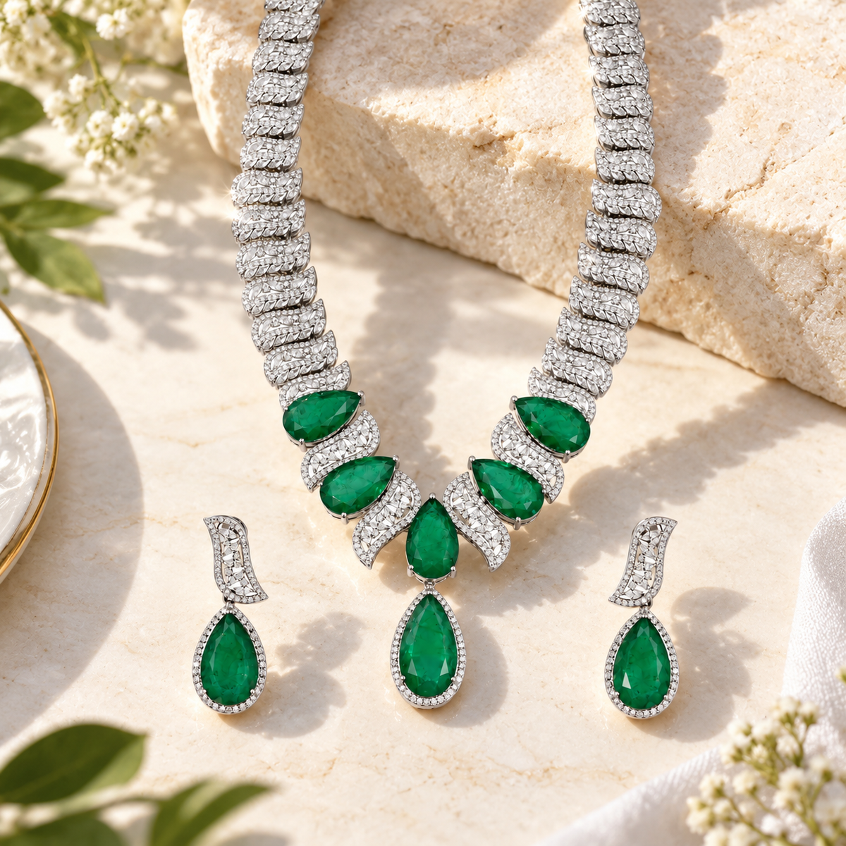 925 Silver Emerald Green Pear-Cut Statement Necklace & Earrings Set