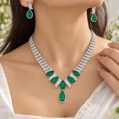 925 Silver Emerald Green Pear-Cut Statement Necklace & Earrings Set