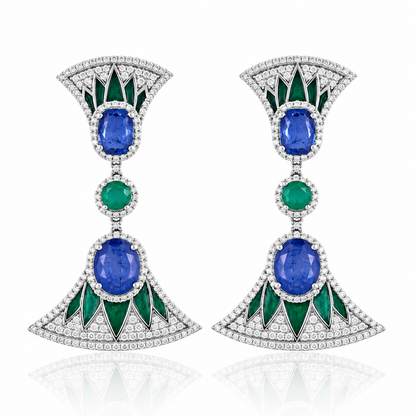 925 Silver Emerald & Blue Sapphire Doublet Statement Drop Earrings for Women