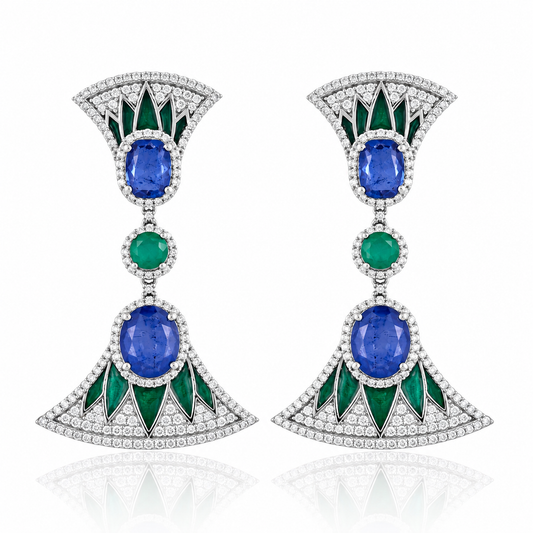 925 Silver Emerald & Blue Sapphire Doublet Statement Drop Earrings for Women