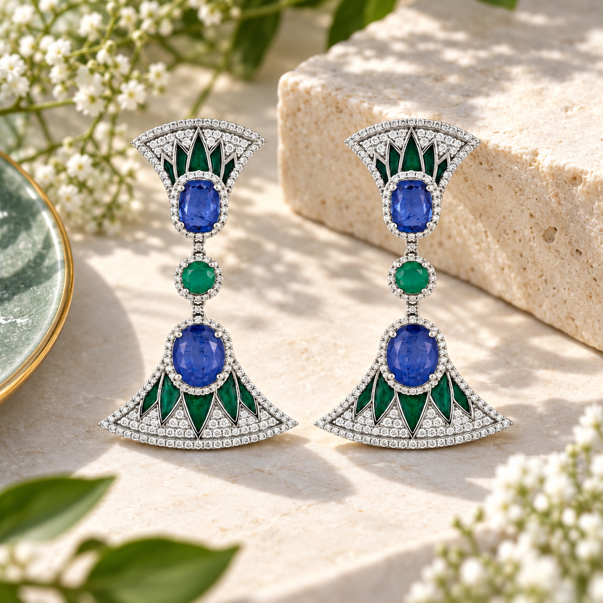 925 Silver Emerald & Blue Sapphire Doublet Statement Drop Earrings for Women