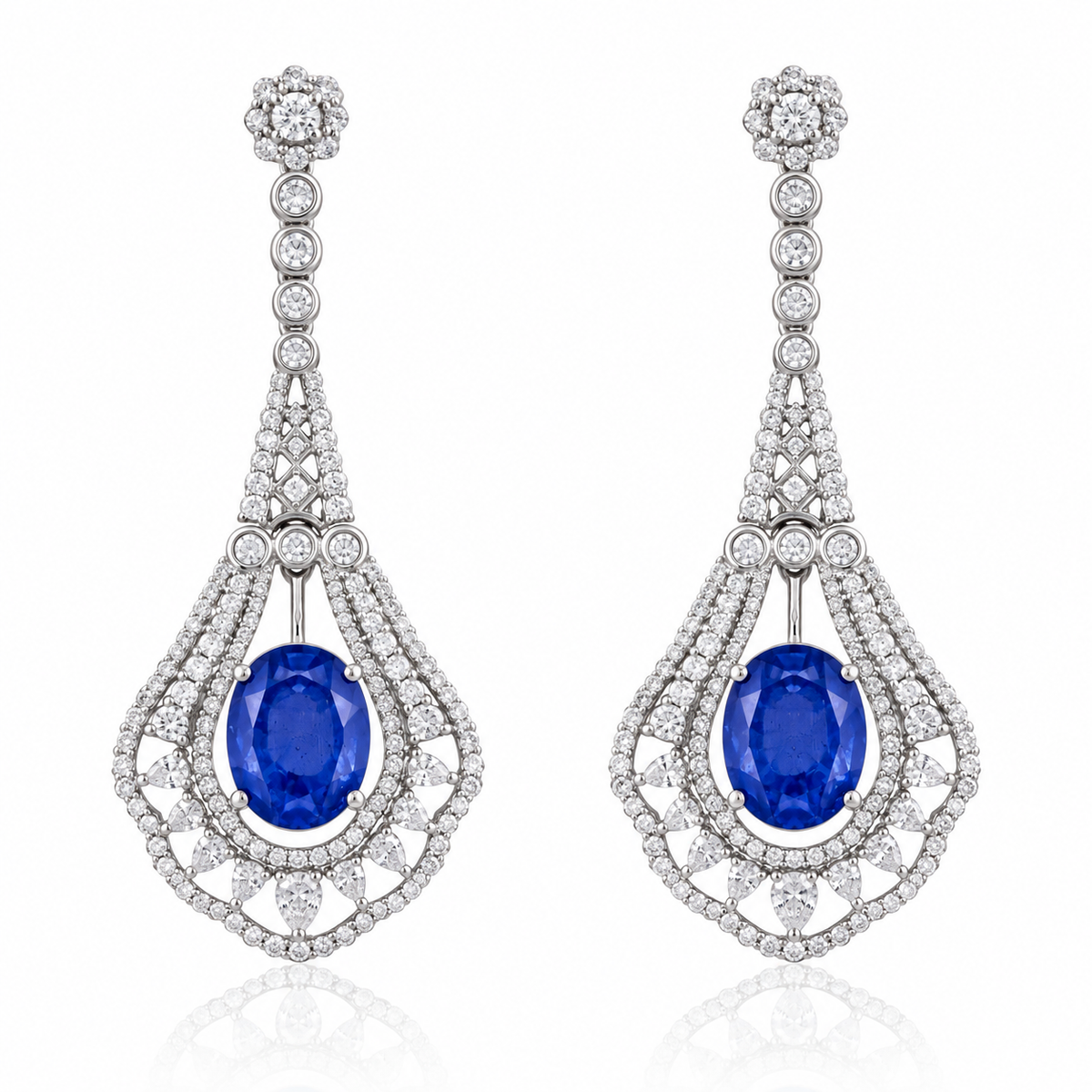 925 Silver Blue Sapphire Doublet Statement Drop Earrings – Crystal Halo Chandelier Earrings for Women