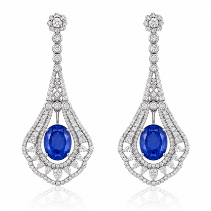 925 Silver Blue Sapphire Doublet Statement Drop Earrings – Crystal Halo Chandelier Earrings for Women