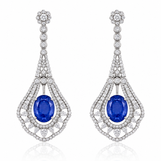925 Silver Blue Sapphire Doublet Statement Drop Earrings – Crystal Halo Chandelier Earrings for Women