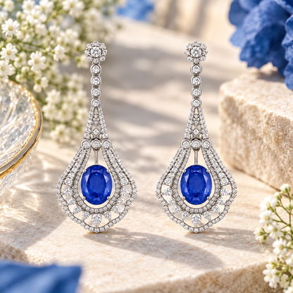 925 Silver Blue Sapphire Doublet Statement Drop Earrings – Crystal Halo Chandelier Earrings for Women