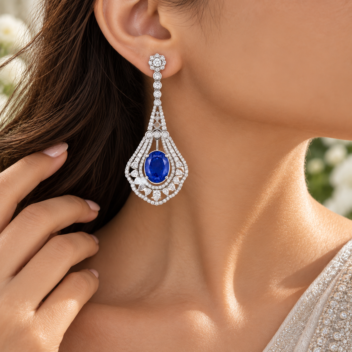 925 Silver Blue Sapphire Doublet Statement Drop Earrings – Crystal Halo Chandelier Earrings for Women