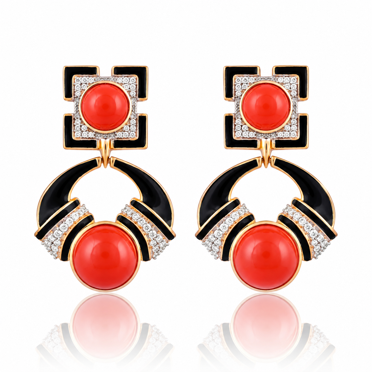 Coral Red Cabochon & Black Enamel Statement Drop 925 Silver Earrings for Women