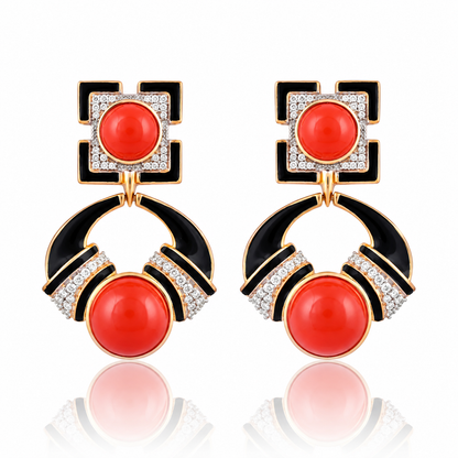 Coral Red Cabochon & Black Enamel Statement Drop 925 Silver Earrings for Women