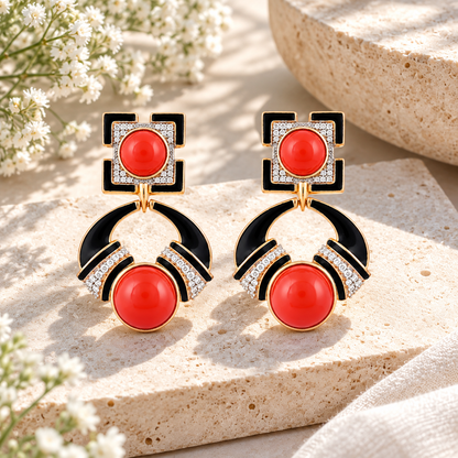Coral Red Cabochon & Black Enamel Statement Drop 925 Silver Earrings for Women