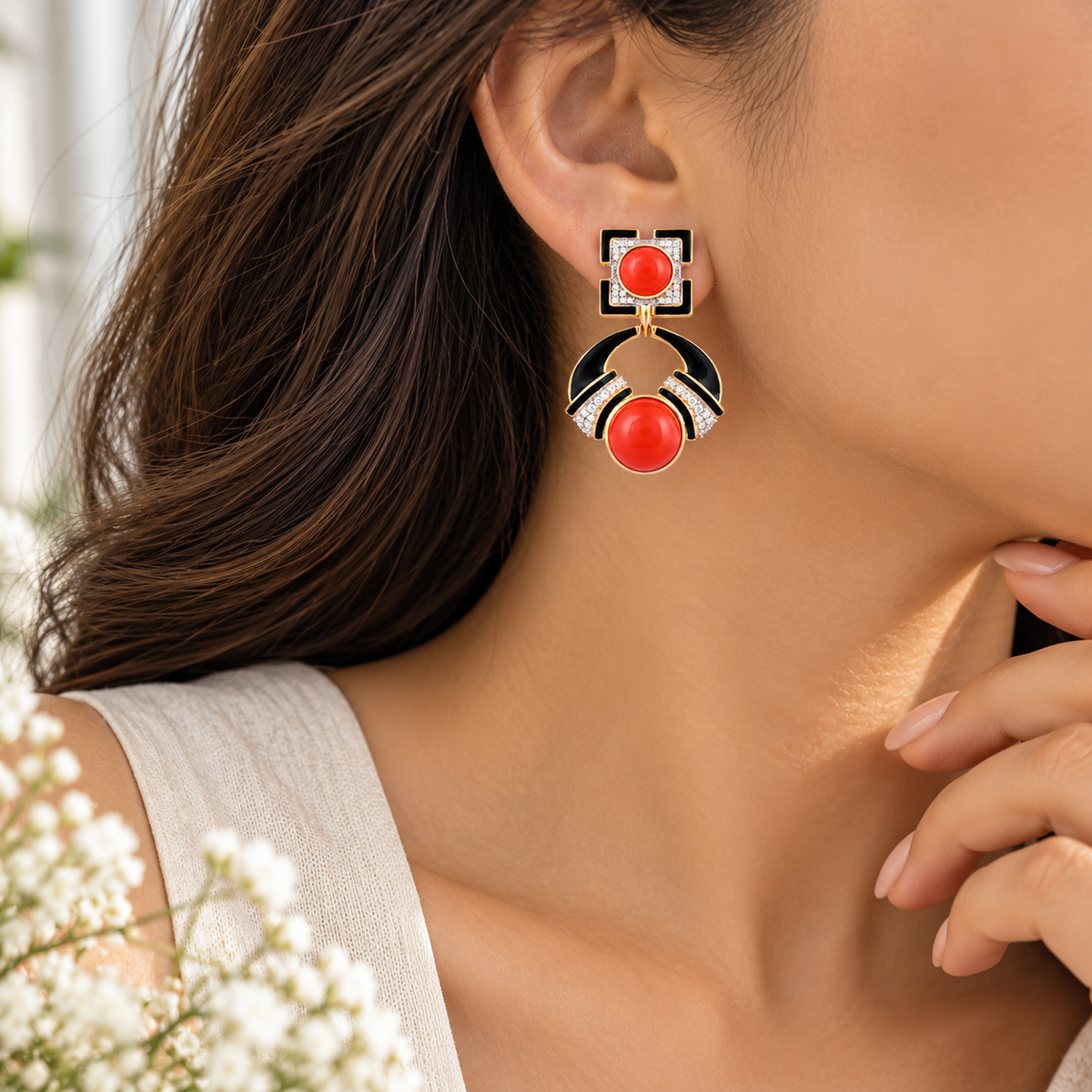 Coral Red Cabochon & Black Enamel Statement Drop 925 Silver Earrings for Women