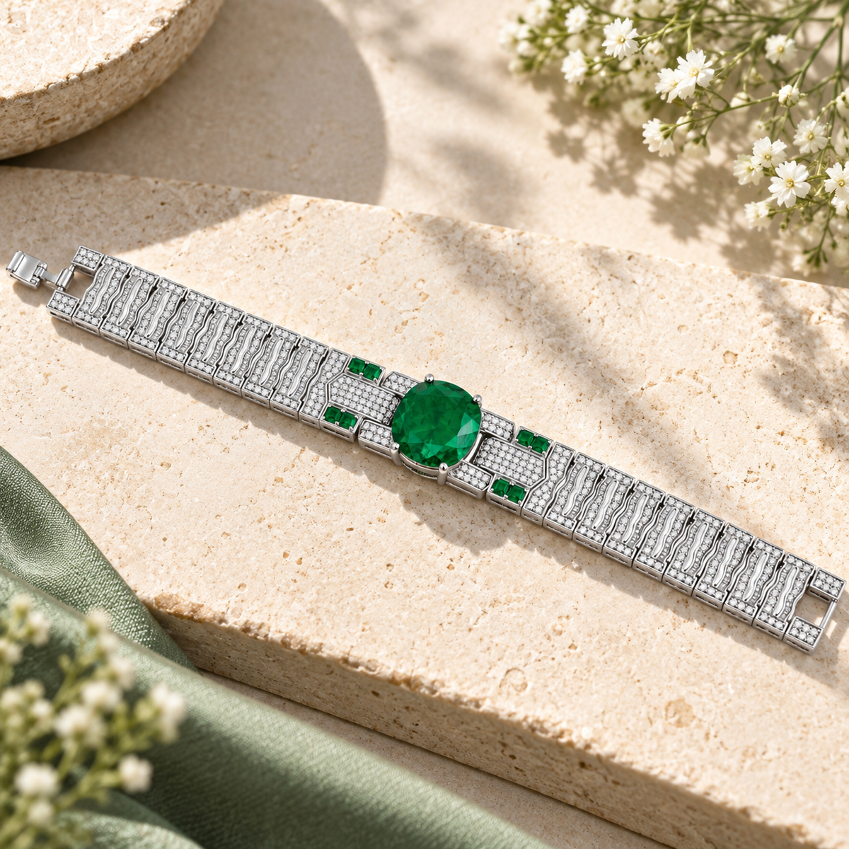 925 Silver Emerald Doublet Stone Statement Bracelet – Luxury Crystal Tennis Bracelet for Women