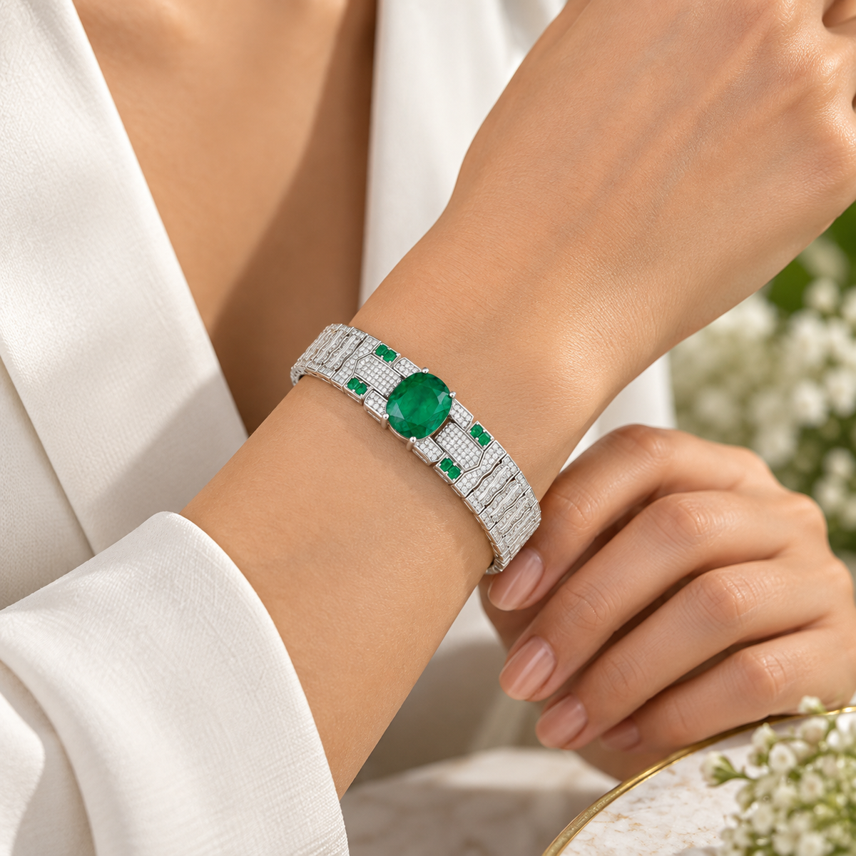 925 Silver Emerald Doublet Stone Statement Bracelet – Luxury Crystal Tennis Bracelet for Women