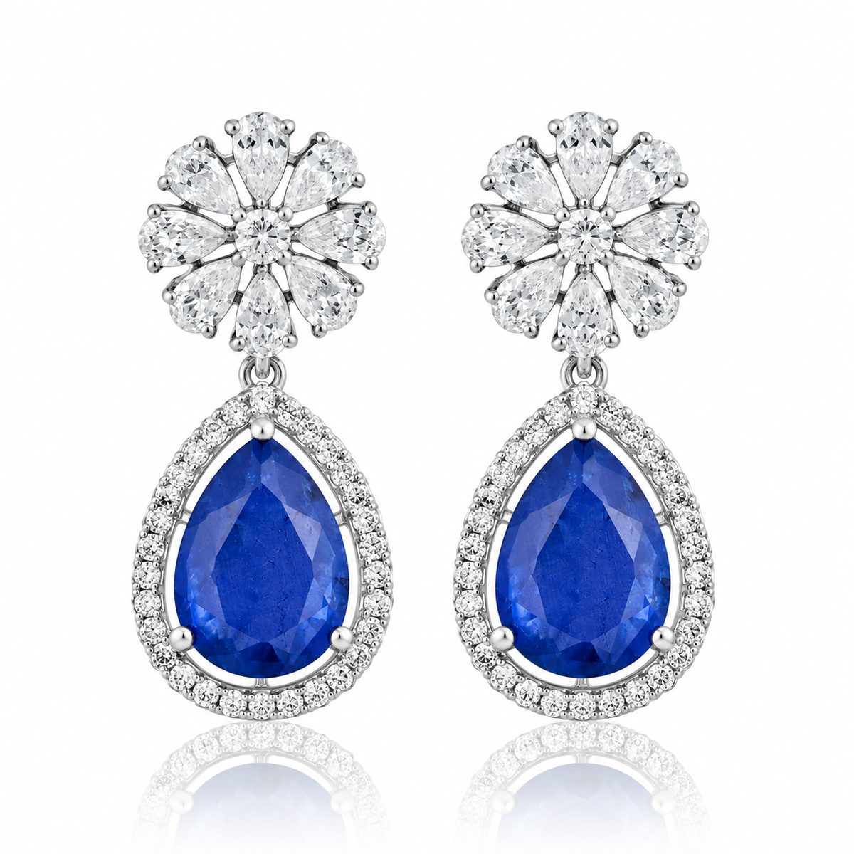 925 Silver Blue Sapphire Doublet Pear Drop Earrings – Floral Halo Statement Earrings for Women