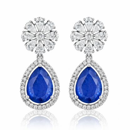 925 Silver Blue Sapphire Doublet Pear Drop Earrings – Floral Halo Statement Earrings for Women