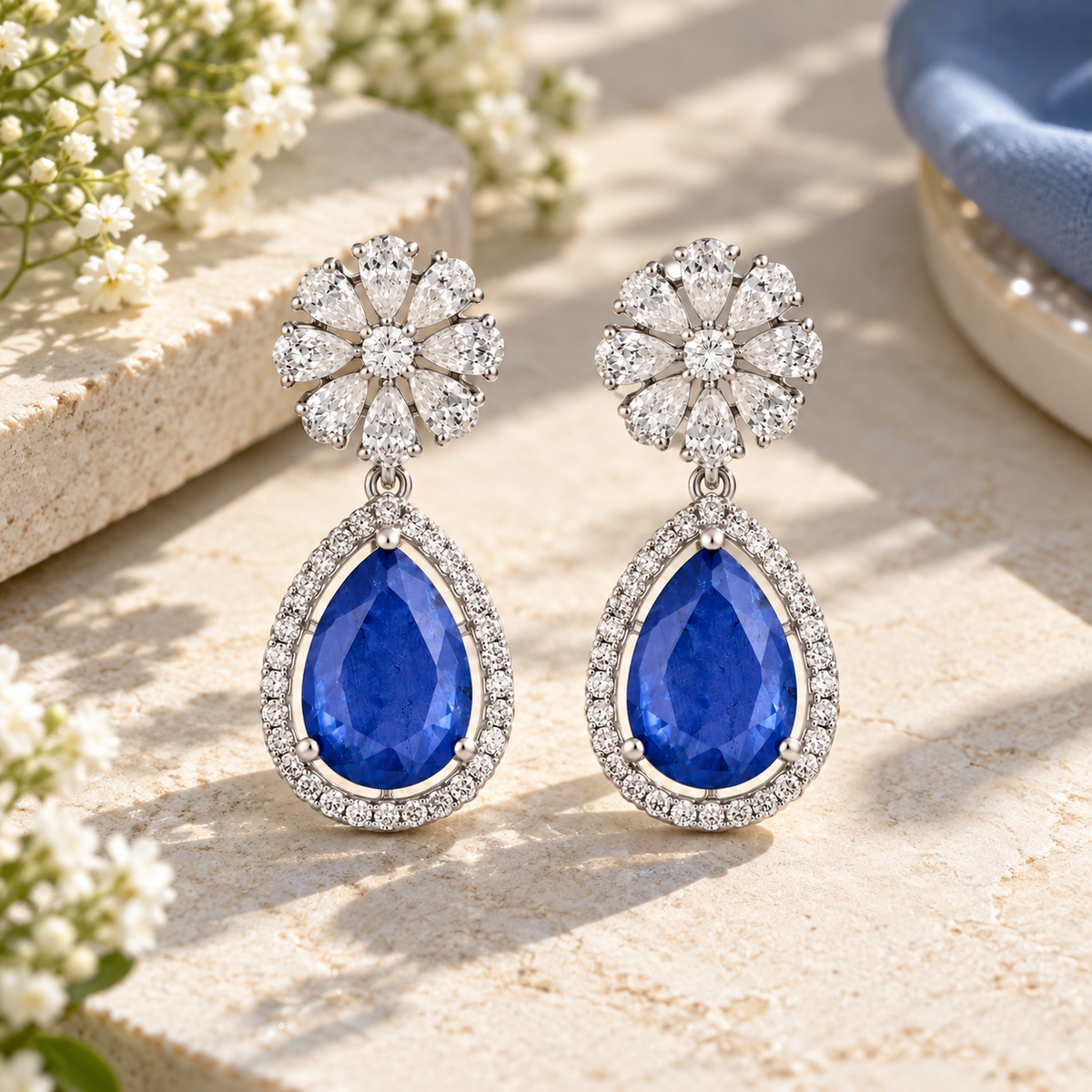 925 Silver Blue Sapphire Doublet Pear Drop Earrings – Floral Halo Statement Earrings for Women