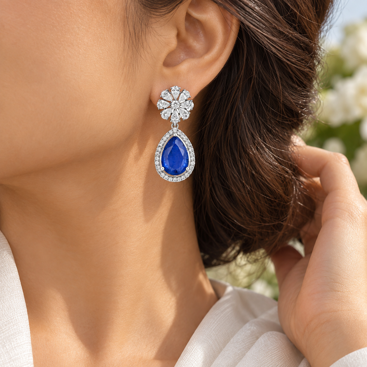 925 Silver Blue Sapphire Doublet Pear Drop Earrings – Floral Halo Statement Earrings for Women