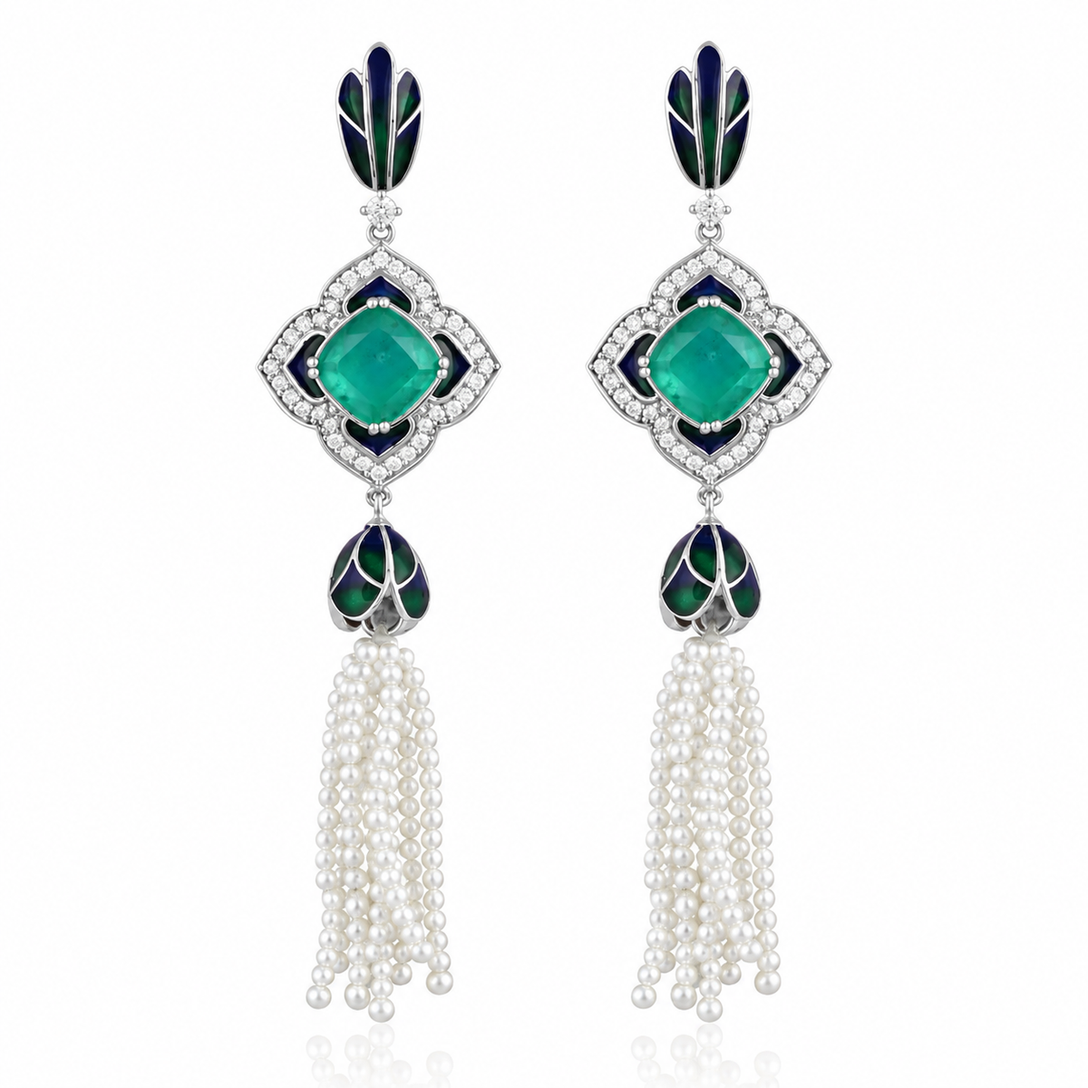 925 Silver Emerald Doublet Enamel Pearl Tassel Drop Earrings for Women