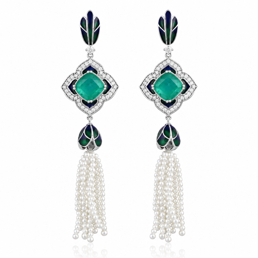 925 Silver Emerald Doublet Enamel Pearl Tassel Drop Earrings for Women
