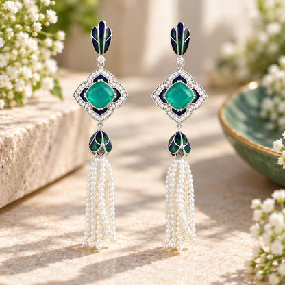 925 Silver Emerald Doublet Enamel Pearl Tassel Drop Earrings for Women