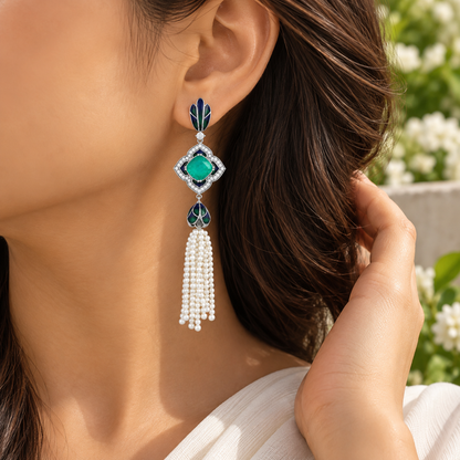 925 Silver Emerald Doublet Enamel Pearl Tassel Drop Earrings for Women