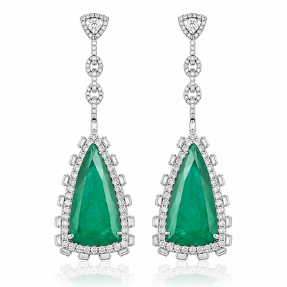 Emerald Doublet Teardrop Statement Earrings – Crystal Halo Long Drop Earrings for Women