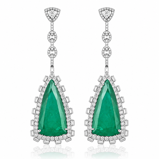 Emerald Doublet Teardrop Statement Earrings – Crystal Halo Long Drop Earrings for Women