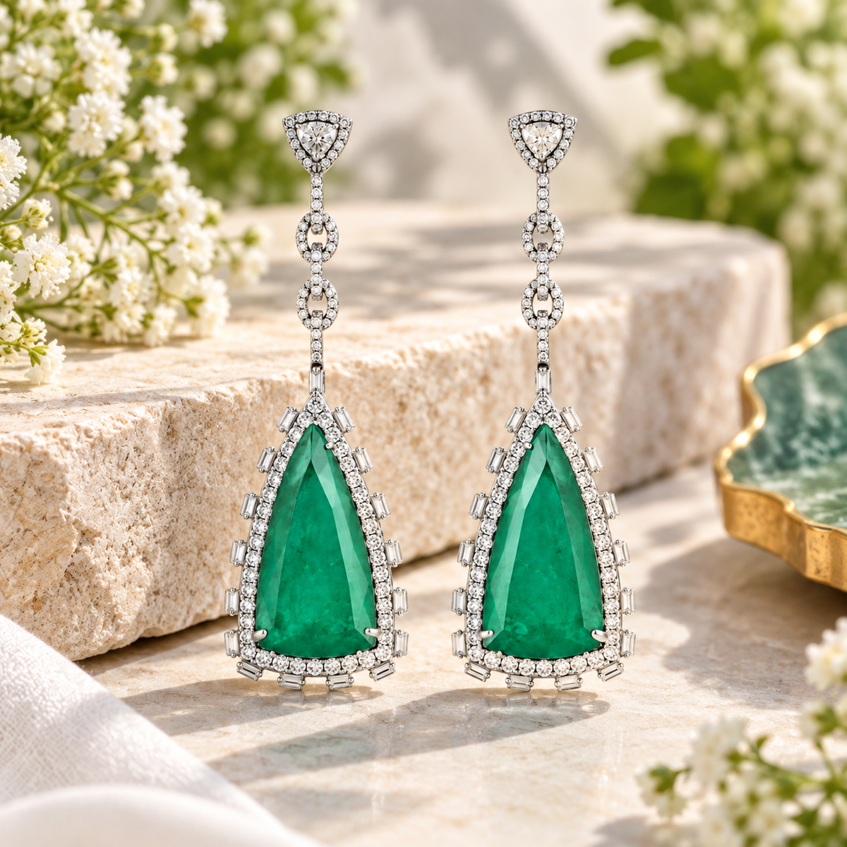 Emerald Doublet Teardrop Statement Earrings – Crystal Halo Long Drop Earrings for Women