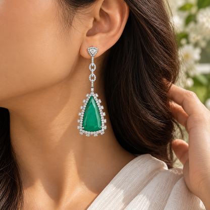 Emerald Doublet Teardrop Statement Earrings – Crystal Halo Long Drop Earrings for Women