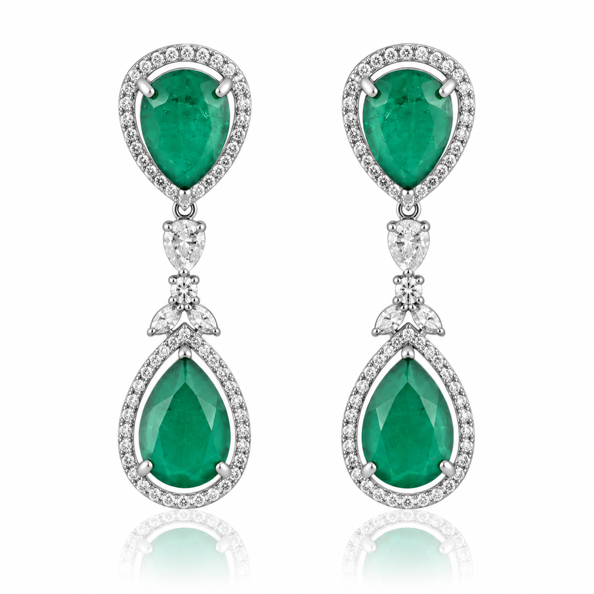 Emerald Doublet Pear Drop Earrings with Crystal Halo – Statement Earrings for Women
