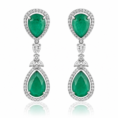 Emerald Doublet Pear Drop Earrings with Crystal Halo – Statement Earrings for Women