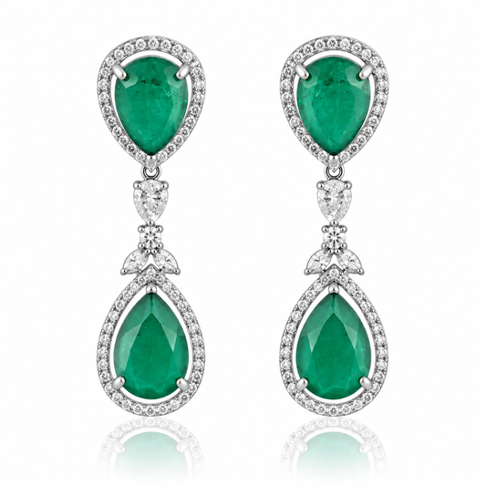 Emerald Doublet Pear Drop Earrings with Crystal Halo – Statement Earrings for Women