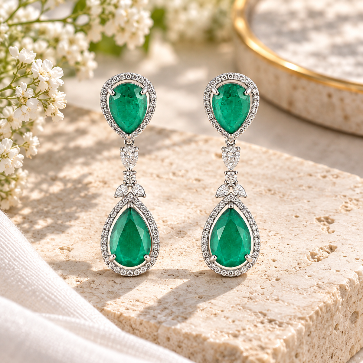 Emerald Doublet Pear Drop Earrings with Crystal Halo – Statement Earrings for Women
