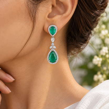 Emerald Doublet Pear Drop Earrings with Crystal Halo – Statement Earrings for Women