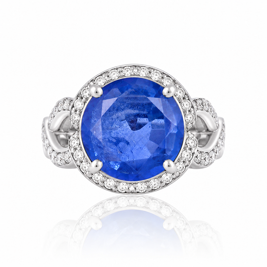 Blue Sapphire Doublet Halo Statement 925 Silver Ring – Silver Tone Pavé Cocktail Ring for Women
